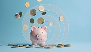 Coins falling to pink piggy bank saving on blue pastel background