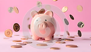 Coins falling to pink piggy bank saving on pink pastel background