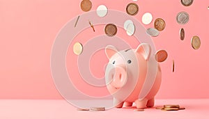 Coins falling to pink piggy bank saving on pink pastel background