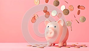 Coins falling to pink piggy bank saving on pink pastel background
