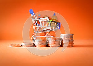 Coins in the form of an ascending graph with Shopping cart with groceries