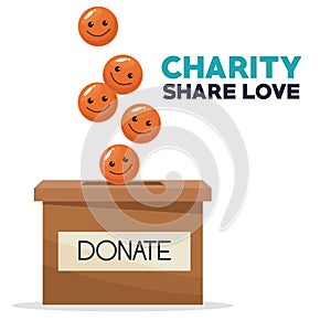 Coins in form of happy face depositing in a carton box charity share love