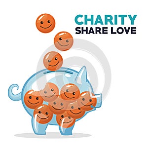 Coins in form of happy face floating and depositing in money piggy bank charity share love