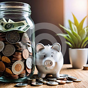 Coins in glass jar with piggy bank on wooden table