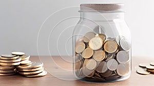 Coins in a glass jar on wooden table with copy space, donation concept