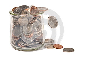 Coins. Glass jars with coins. Money Savings concept. Falling currency. Coin Dollar, 1 penny, 5 Nickel, 10 Dime, 25 Quarter