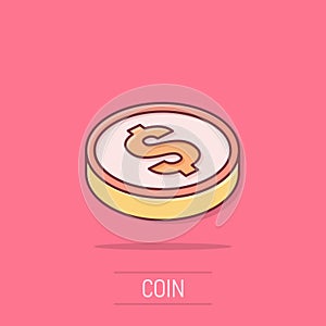 Coins icon in comic style. Dollar coin cartoon vector illustration on isolated background. Money stacked splash effect business