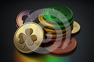 Coins with the image of clover, iridescent color. Happy St. Patrick\'s Day. Good luck concept. AI Generated