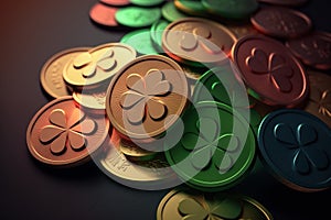 Coins with the image of clover, iridescent color. Happy St. Patrick\'s Day. Good luck concept. AI Generated