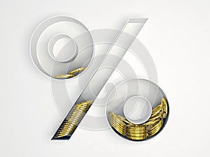 Coins inside a percent icon 3D rendering