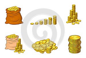 Coins isolated cartoon set, collection. Gold stack, heap, pile of money. Bag, sack of cash, wealth income graph. Vector