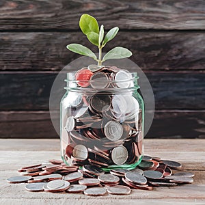 Coins in jar atop wooden surface, savings for travel adventures