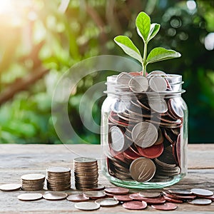 Coins in jar atop wooden surface, savings for travel adventures