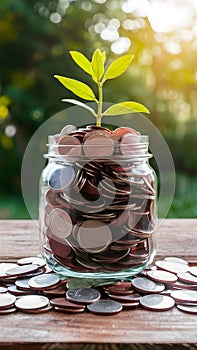 Coins in jar atop wooden surface, savings for travel adventures