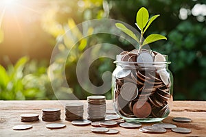 Coins in jar atop wooden surface, savings for travel adventures