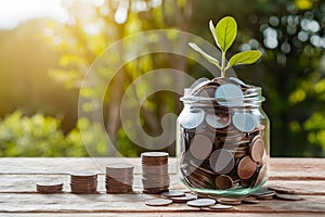 Coins in jar atop wooden surface, savings for travel adventures