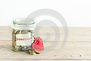 Coins in jar with Donation label