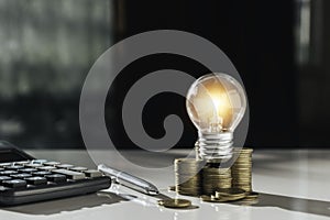 Coins and light bulb on table for saving money,energy concept