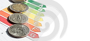 Coins lying on graphs and charts with financial documents, accounting and statistics concept, top view, banner