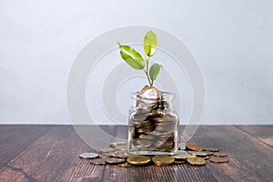 coins in mason jar over and text signage over white background