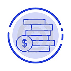 Coins Money, Cash, Gold, Money Blue Dotted Line Line Icon