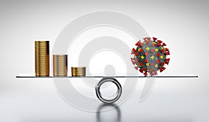 Coins, money and COVID-19 on scale. Concepts of economics against coronavirus