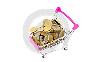 Coins money and shopping cart or supermarket trolley business finance concept isolate on white background
