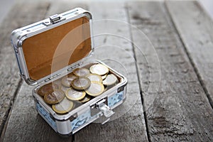 Coins money in small box on table. Ruble.