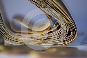 Coins and pack of money in background