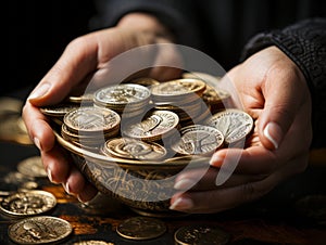 Coins in palms of woman hands over black background. Financial growth, saving money, investment concept
