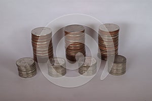 Coins, pile of coins on white background Thai coins, baht currency