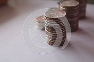 Coins, pile of coins on white background Thai coins, baht currency