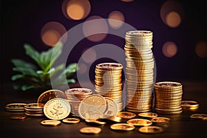 Coins pile on growth graph symbolize prosperous business investments in stock markets