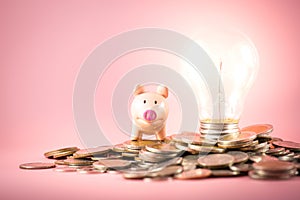 A coins pile for saving money concept with piggy bank. Creative ideas of business planning, success in the future