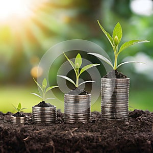 Coins and plants grow taller on soil, symbolizing investment and prosperity