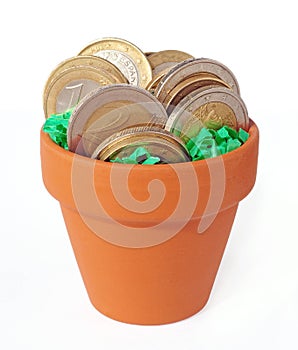 Coins potted in clay pot isolated over white