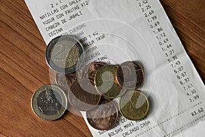 Coins with purchase ticket and products and prices photo