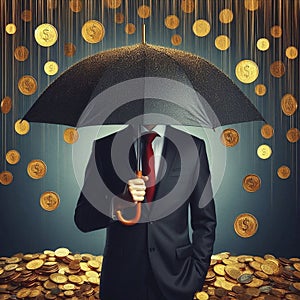 Coins raining from above onto a man in business suit, realistic style