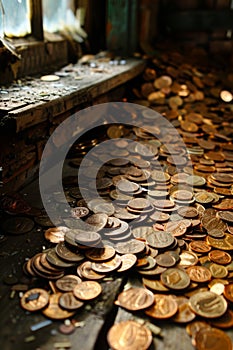 Coins scattered in a dilapidated interior, symbolizing financial neglect. Bankruptcy concept, failure, insolvency