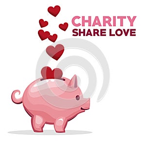 Coins in shape hearts floating depositing in money piggy bank charity share love