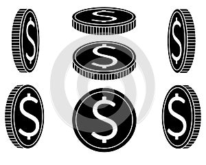 Coins silhouette. A set of coins from different angles. Abstract or game money drawn from different sides - vector silhouette illu