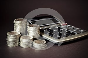 Coins Stack and calculator. Concept of money saving, financial. Savings money and income Investment ideas and financial management