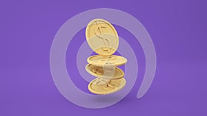 Coins stack falling on purple background, business investment profit, money saving concept. 3d render illustration.