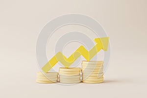 Coins stack growthing meaning increase money value with arrow sign