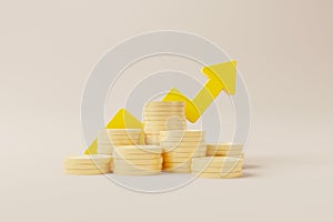 Coins stack growthing meaning increase money value with arrow sign