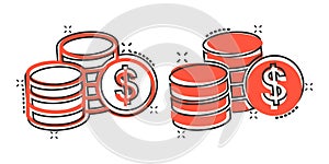 Coins stack icon in comic style. Dollar coin cartoon vector illustration on white isolated background. Money stacked splash effect
