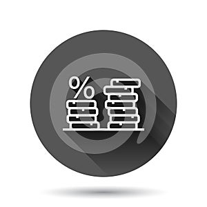 Coins stack icon in flat style. Dollar coin vector illustration on black round background with long shadow effect. Money stacked