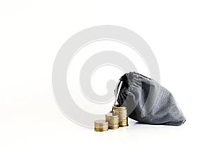 Coins stack and money bag Isolated on white background