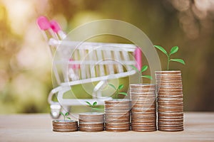 Coins stack of money and plant growing up on top, a trolley show concept step for saving money and investment concept