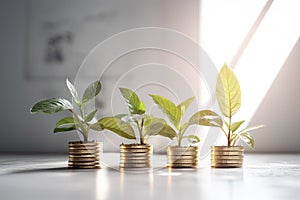 Coins on a stack with plant. Money saving ideas and investing in the future. Generative AI.
